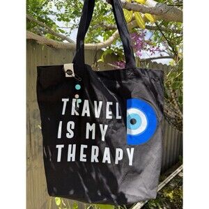 TOPDesign Travel Is My Therapy Black Canvas Tote